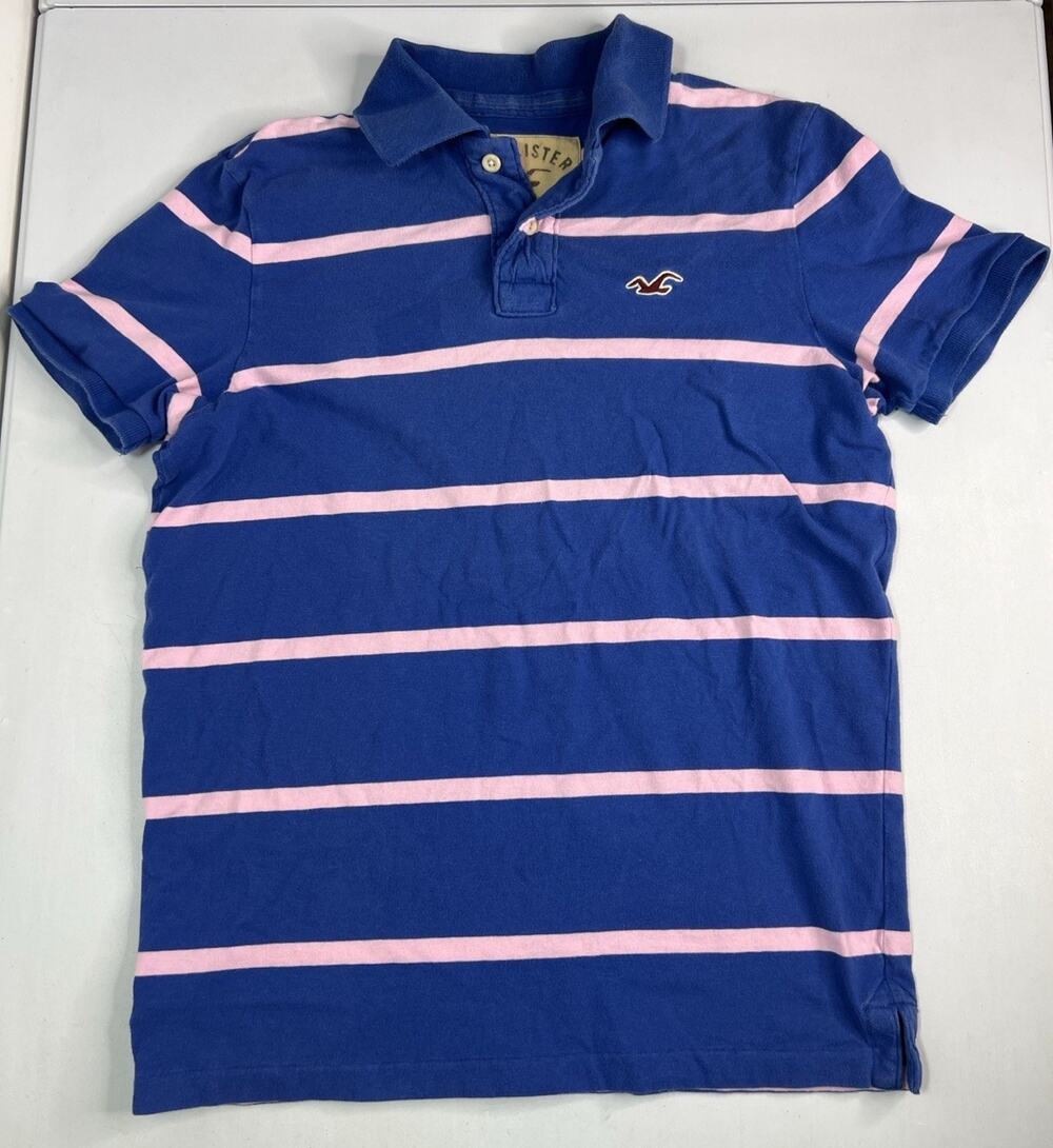 Vintage Hollister Blue Pink Striped Logo Short Sleeve Polo Shirt Men’s Sz Large